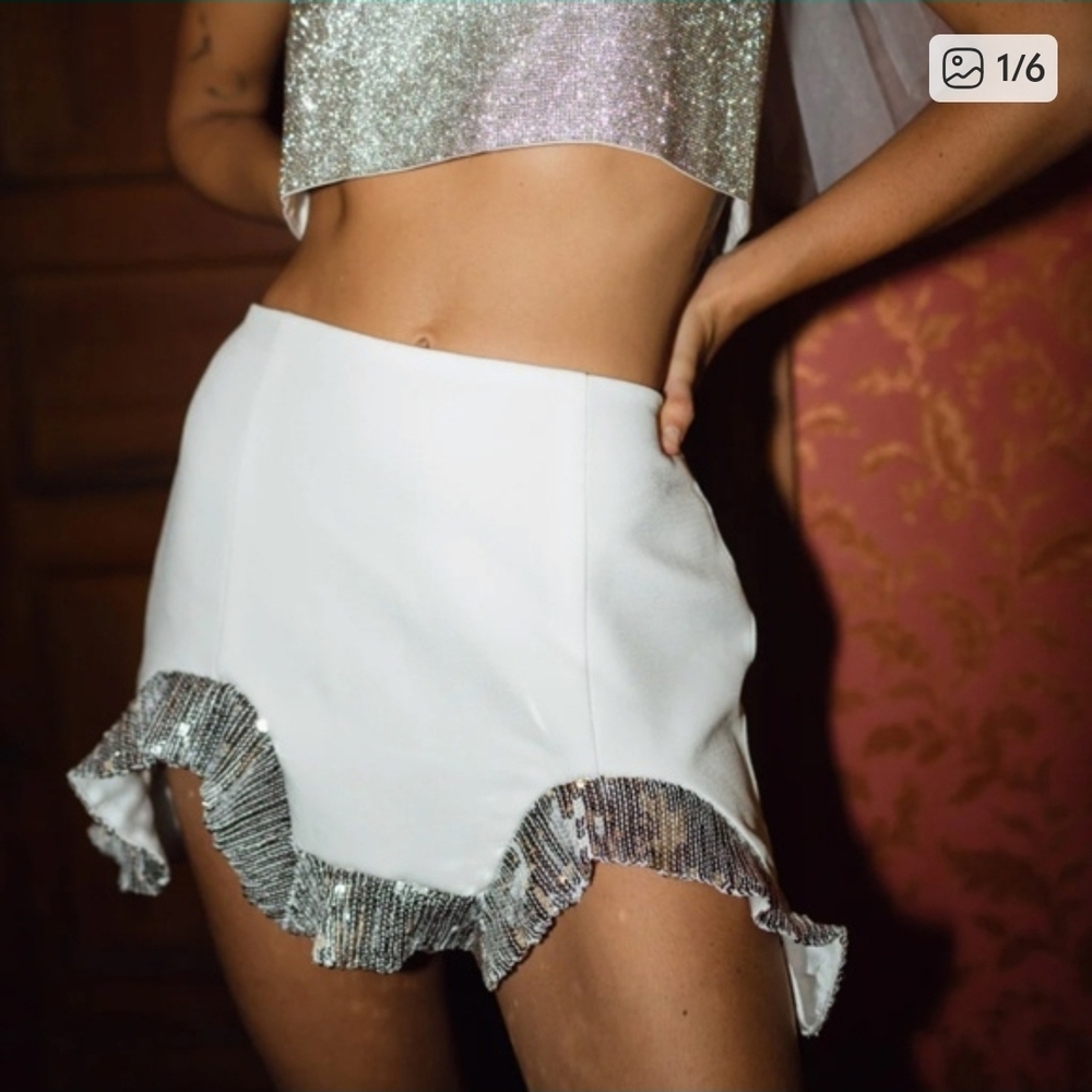 12th Tribe White Mini Skirt with Silver Sequin Ruffle Hem